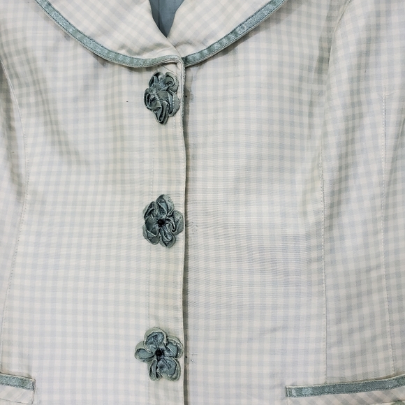 Noviello-Bloom Green/White Checked 100% Silk Vintage Jacket, Size 10. - Picture 5 of 16